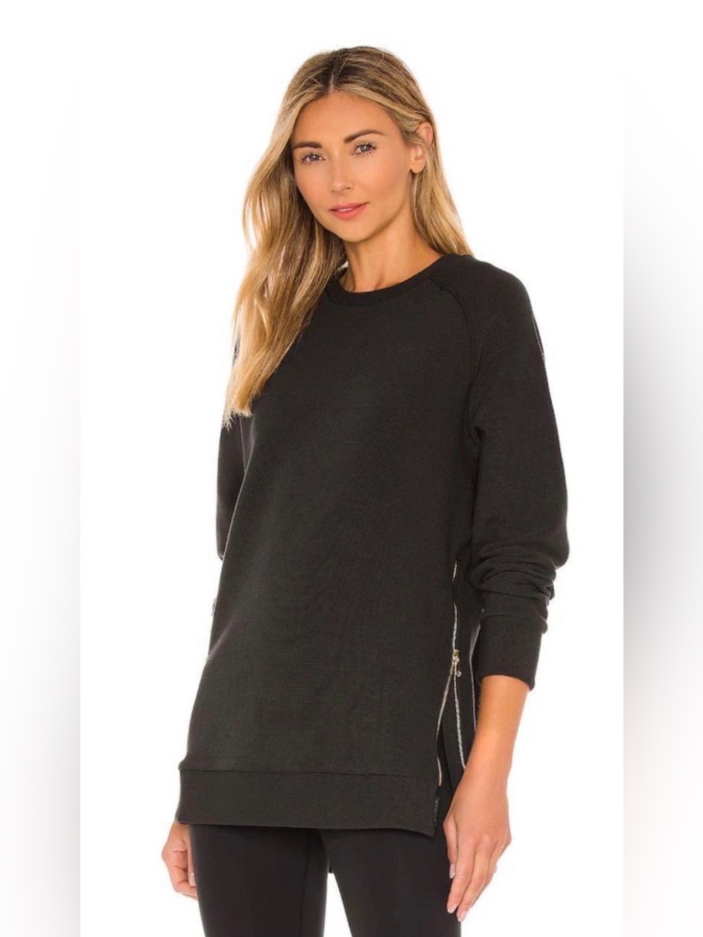 Varley Manning sweatshirt in black featuring prominent gold-toned zipper details